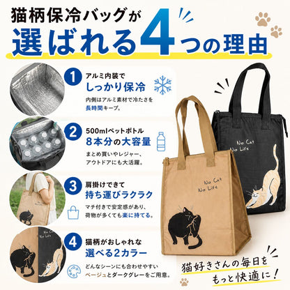 選ばれる4つの理由を写真付きで紹介。1.アルミ内装で長時間保冷 2.500mlボトル8本の大容量 3.肩掛けできるマチ付きで持ち運びラクラク 4.ベージュとダークグレー2色展開