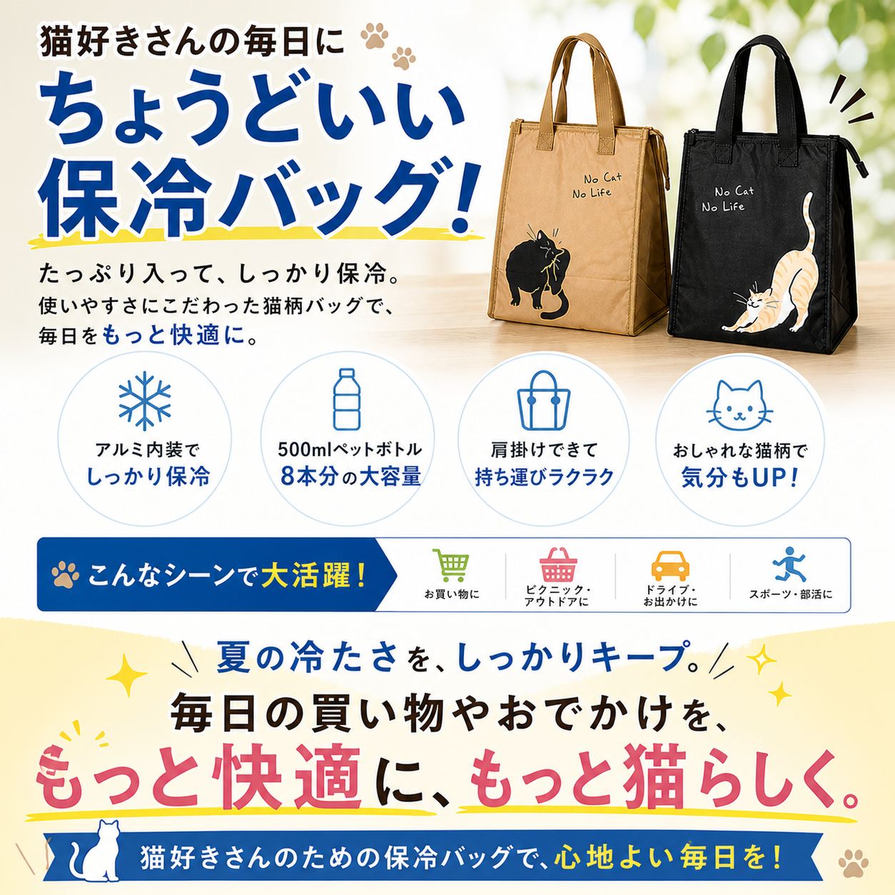 まとめカット。ベージュと黒の保冷バッグ2色の写真とともに、アルミ内装の保冷力・8本収納・肩掛け可能な持ち運びやすさ・猫柄デザインの特長を再掲