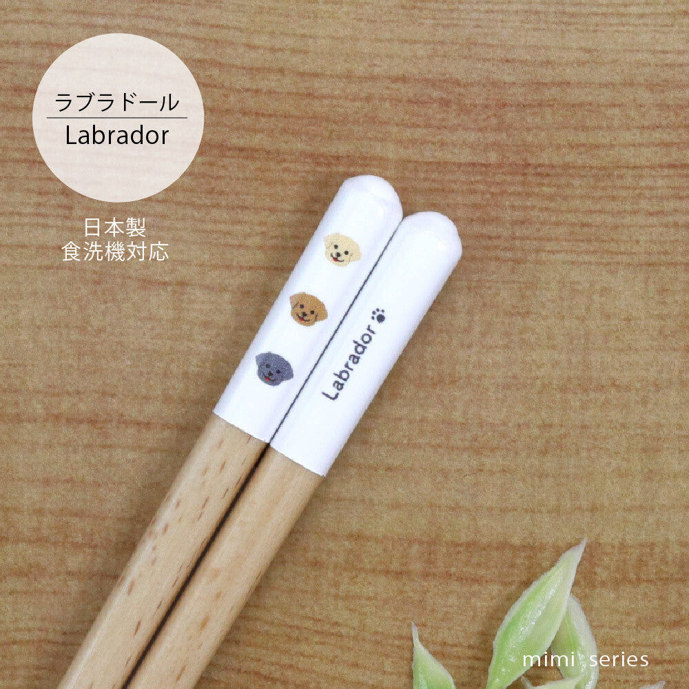 ラブラドールデザインの柄部分アップ。ラブラドール3頭の顔柄とLabrador文字入り、日本製・食洗機対応の表記
