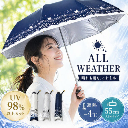 猫と音符のレース柄が入った紺色の折りたたみ日傘兼雨傘をさす女性。UV98%以上カット・遮熱-4℃・55cm大きめサイズの晴雨兼用傘