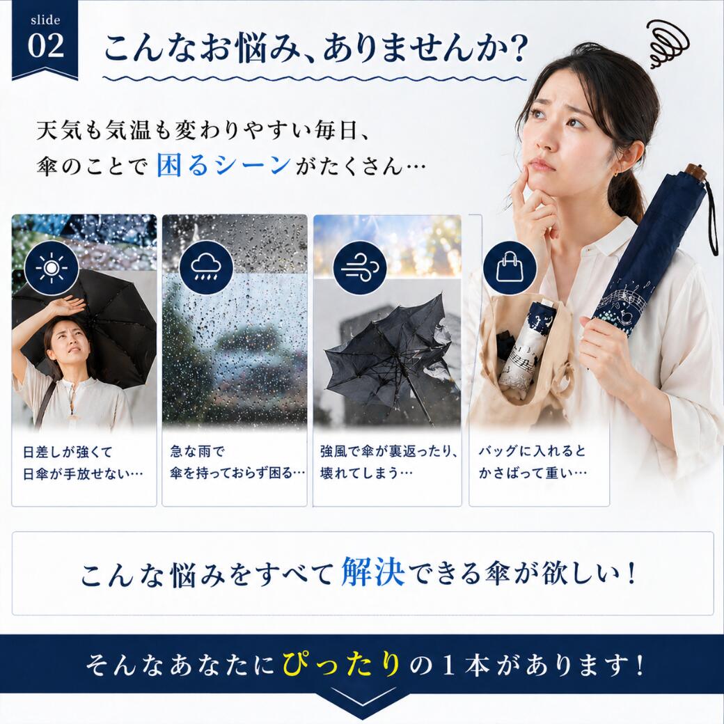日差し・急な雨・強風・荷物の重さなど傘にまつわる4つの困りごとを提起し、それを解決する1本があると案内する導入カット
