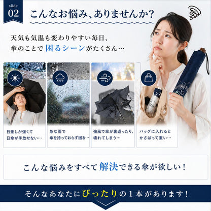 日差し・急な雨・強風・荷物の重さなど傘にまつわる4つの困りごとを提起し、それを解決する1本があると案内する導入カット