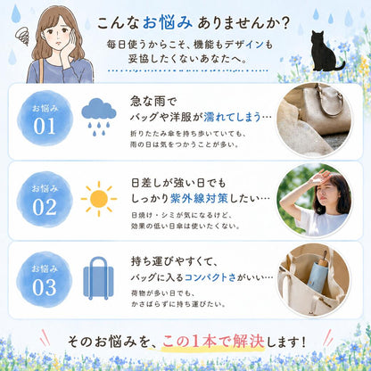 黒コーティング晴雨兼用傘 50cm楽ミニ『お花畑と猫 mini』