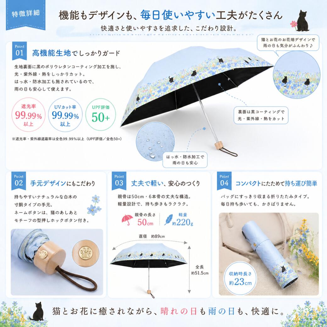 黒コーティング晴雨兼用傘 50cm楽ミニ『お花畑と猫 mini』