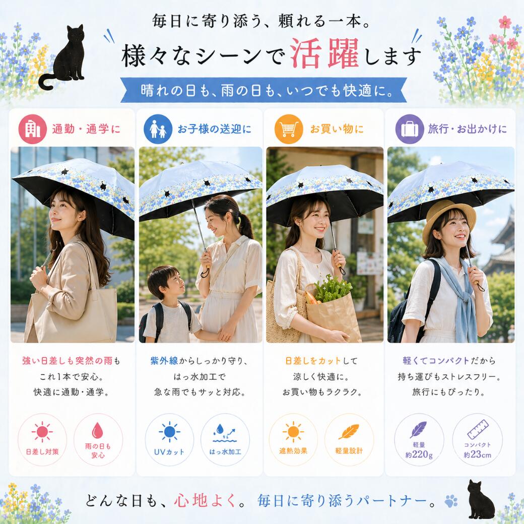 黒コーティング晴雨兼用傘 50cm楽ミニ『お花畑と猫 mini』
