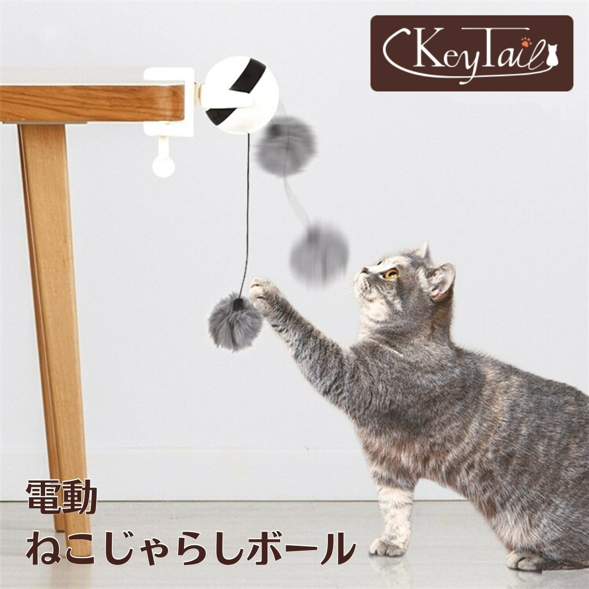 電動ねこじゃらしボール。テーブルの縁にクリップ固定し、垂れた毛玉に猫が後ろ足で立ち上がって前足を伸ばす様子