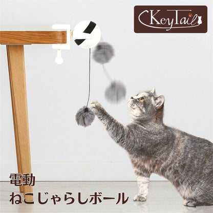電動ねこじゃらしボール。テーブルの縁にクリップ固定し、垂れた毛玉に猫が後ろ足で立ち上がって前足を伸ばす様子