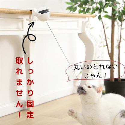 アンティーク調の白いテーブルの天板にクリップで固定した様子。「しっかり固定 取れません！」の文字と、毛玉に届かず「丸いのとれないじゃん！」と鳴く白猫