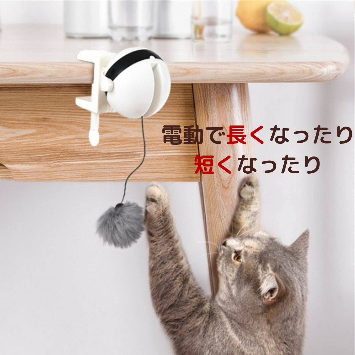 木製テーブルの天板下にクリップ固定した様子。「電動で長くなったり短くなったり」の文字と、垂れた毛玉に後ろ足で立ち上がる猫