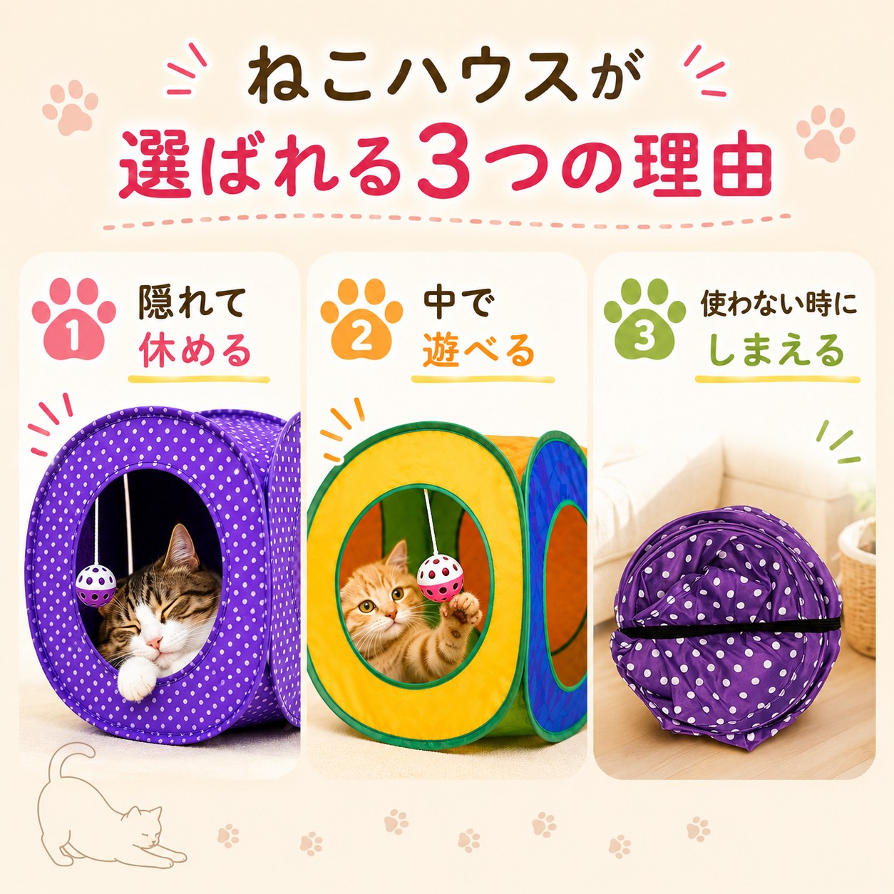 「ねこハウスが選ばれる3つの理由」を示す図。1隠れて休める、2中で遊べる、3使わない時にしまえる、をそれぞれ猫の写真付きで解説