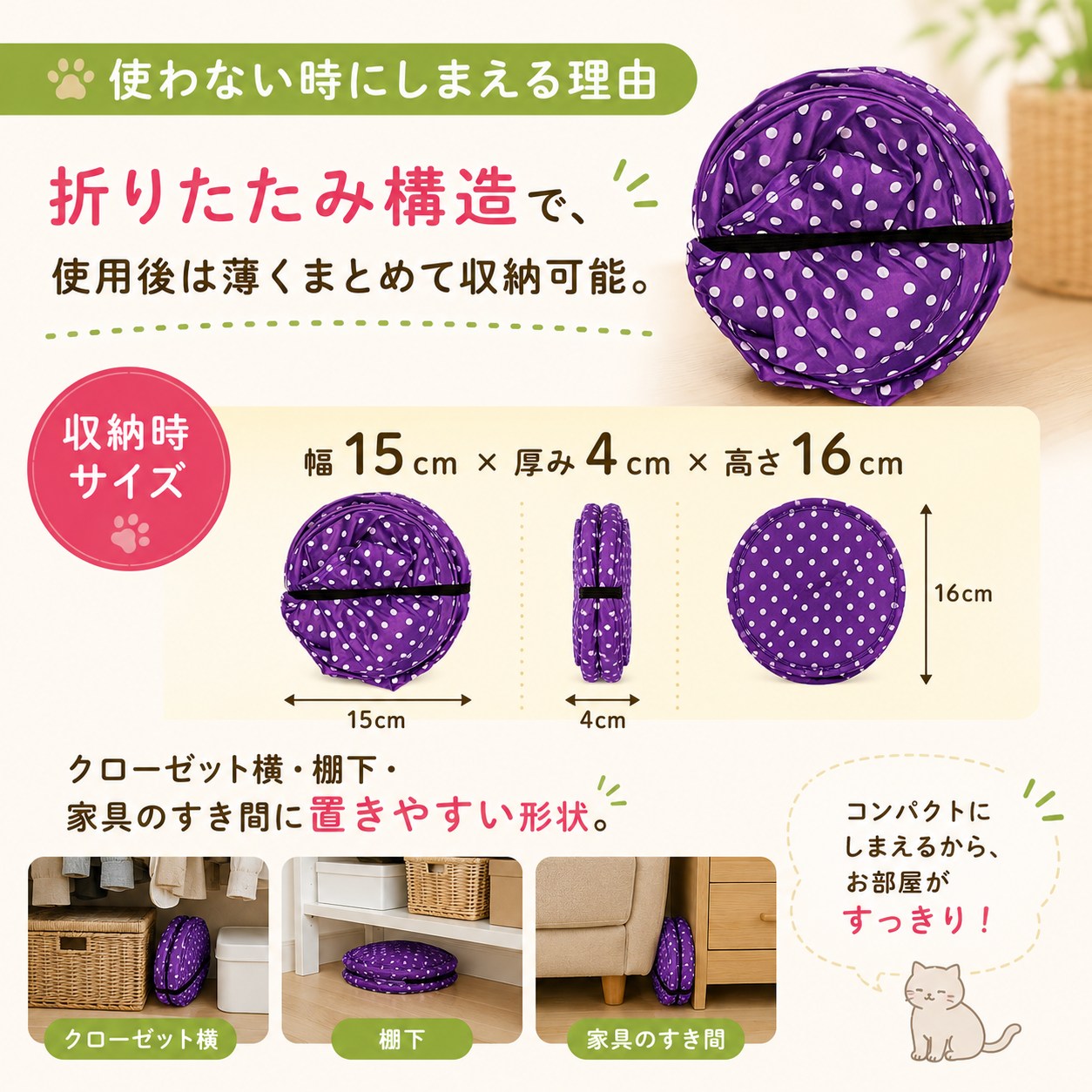 折りたたみ構造の説明。収納時サイズは幅15cm×厚み4cm×高さ16cmの円盤状になり、クローゼット横・棚下・家具のすき間に置ける写真付き