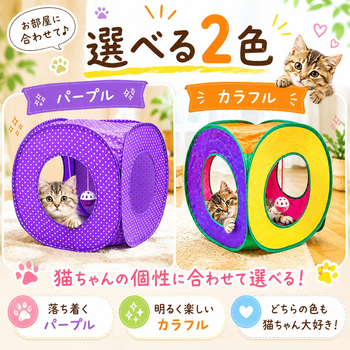選べる2色の紹介。落ち着いた紫の水玉「パープル」と黄・紫・オレンジなどの「カラフル」、それぞれの穴から顔を出す子猫の写真