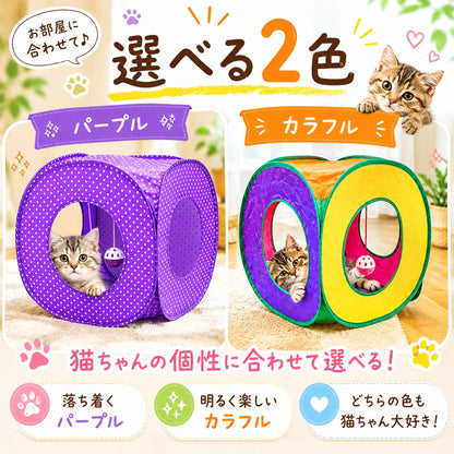 選べる2色の紹介。落ち着いた紫の水玉「パープル」と黄・紫・オレンジなどの「カラフル」、それぞれの穴から顔を出す子猫の写真