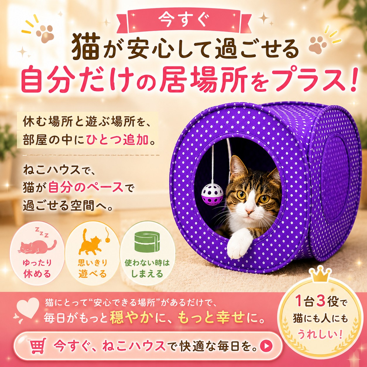 「猫が安心して過ごせる自分だけの居場所をプラス」の訴求カット。紫の水玉ハウスの穴からボールに手を伸ばす猫と、ゆったり休める・思いきり遊べる・使わない時はしまえるの3特徴