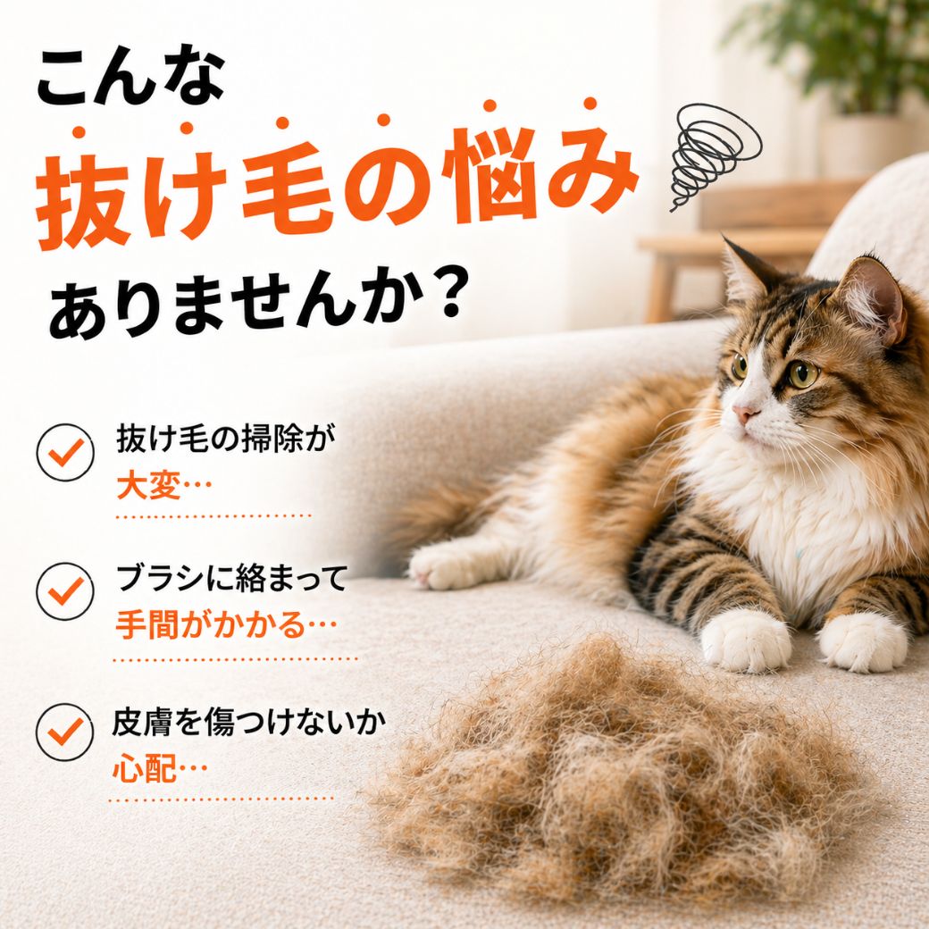 「こんな抜け毛の悩みありませんか?」の問いかけ。抜け毛の掃除が大変・ブラシに毛が絡まる・皮膚を傷つけないか心配という3つのチェック項目と、ソファでくつろぐ長毛猫と足元の抜け毛の塊