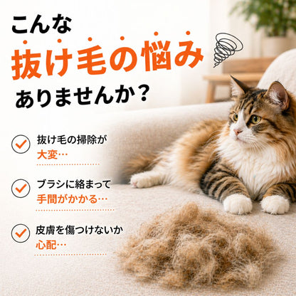 「こんな抜け毛の悩みありませんか?」の問いかけ。抜け毛の掃除が大変・ブラシに毛が絡まる・皮膚を傷つけないか心配という3つのチェック項目と、ソファでくつろぐ長毛猫と足元の抜け毛の塊
