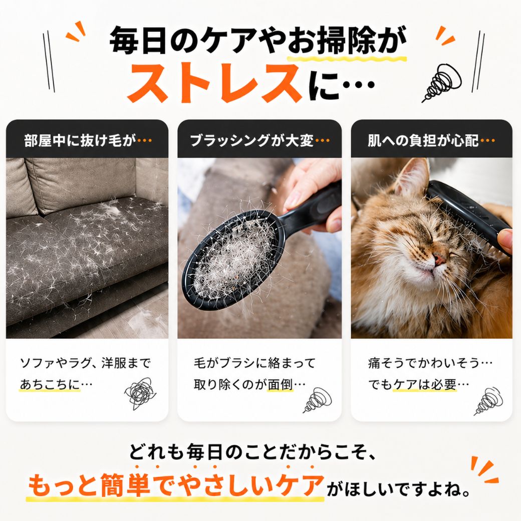 「毎日のケアやお掃除がストレスに…」という導入。抜け毛だらけのソファ、毛が絡まった従来ブラシ、ブラッシングされる猫の3枚組写真で日々の悩みを提示