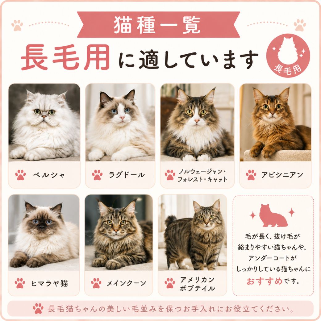 長毛用に適した猫種一覧。ペルシャ・ラグドール・ノルウェージャンフォレストキャット・アビシニアン・ヒマラヤ猫・メインクーン・アメリカンボブテイルの写真と、毛が長く絡まりやすい猫におすすめの案内