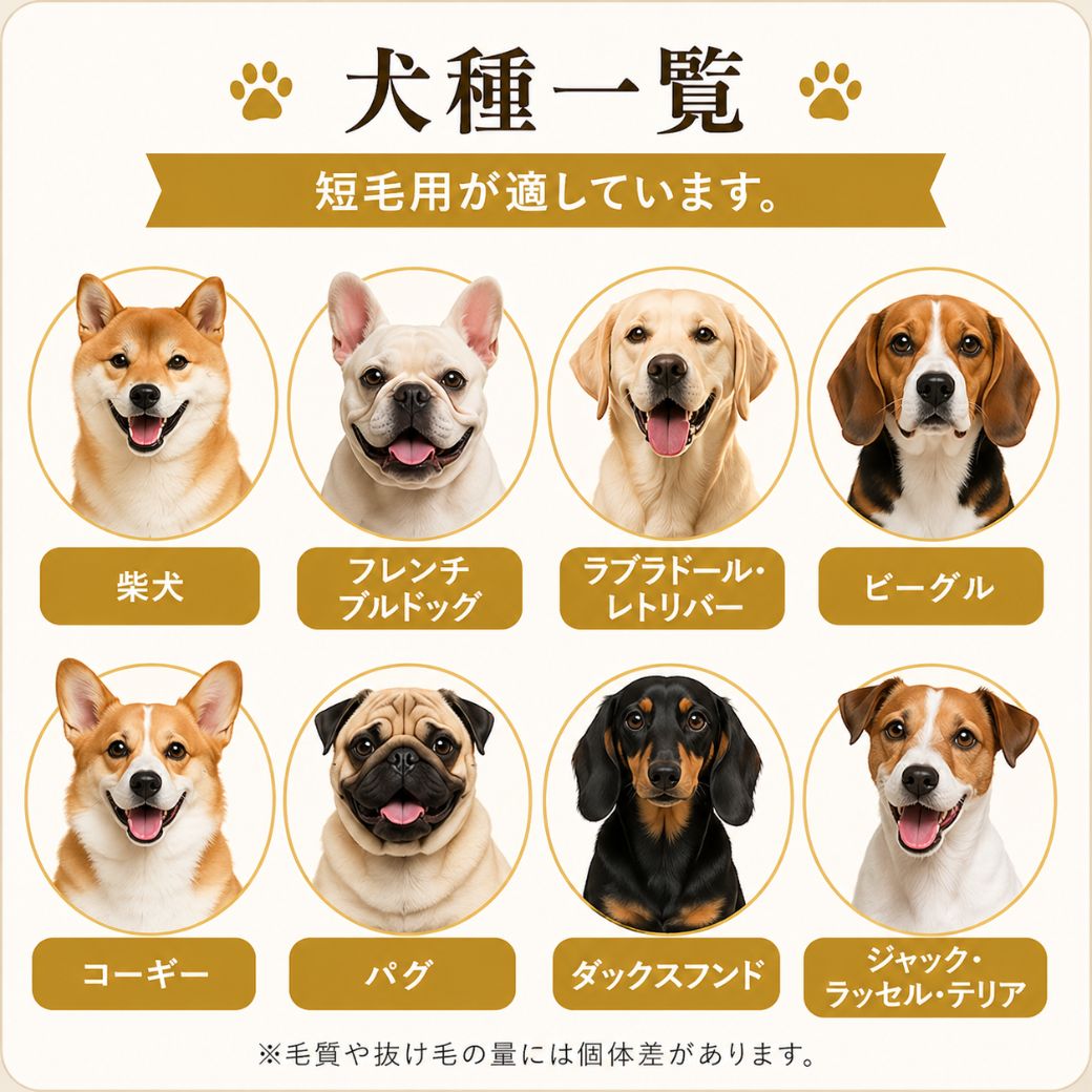 短毛用が適した犬種一覧。柴犬・フレンチブルドッグ・ラブラドールレトリバー・ビーグル・コーギー・パグ・ダックスフンド・ジャックラッセルテリアの写真。毛質や抜け毛量には個体差がある旨の注記