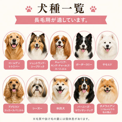 長毛用が適した犬種一覧。ゴールデンレトリバー・シェットランドシープドッグ・キャバリア・ボーダーコリー・サモエド・アメリカンコッカースパニエル・シーズー・秋田犬・バーニーズマウンテンドッグ・ポメラニアンの写真