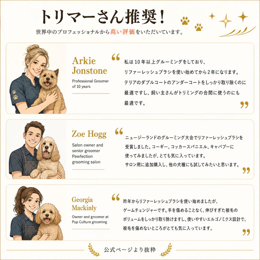 リファーレッシュブラシのメインカット。犬と猫の横で「3倍速で抜け毛をごっそり回収！皮膚を傷つけない設計」と訴求、ステンレス刃と回収した大量の抜け毛、短毛用・長毛用の2種展開を表示