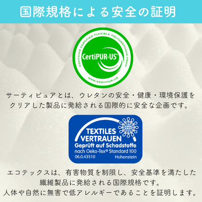 「国際規格による安全の証明」。ウレタンの安全基準CertiPUR-USと、繊維の安全規格OEKO-TEX(エコテックス)の認証マークと説明文