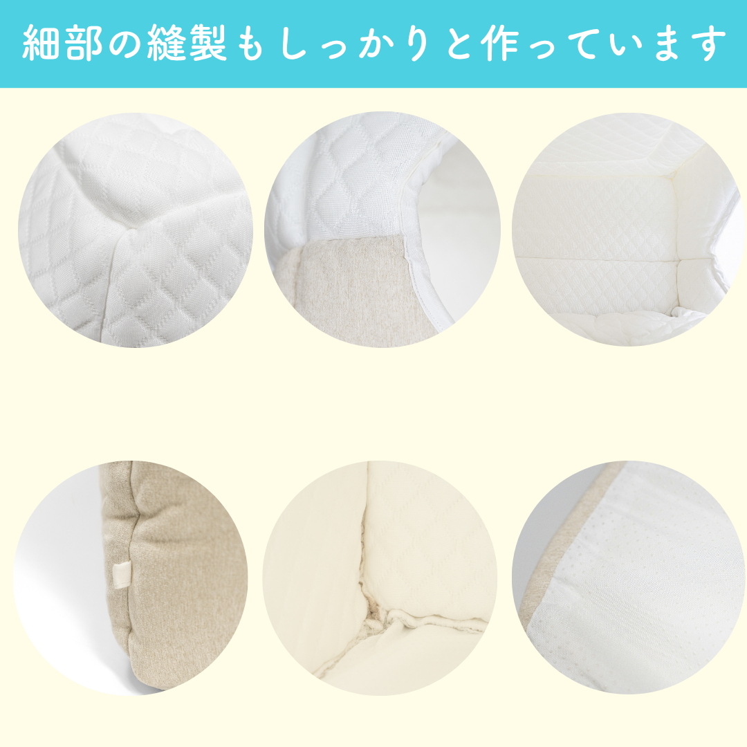 「細部の縫製もしっかりと作っています」。生地の縫い目や角の仕上がりを写した6枚のクローズアップ写真
