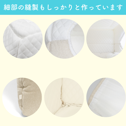「細部の縫製もしっかりと作っています」。生地の縫い目や角の仕上がりを写した6枚のクローズアップ写真