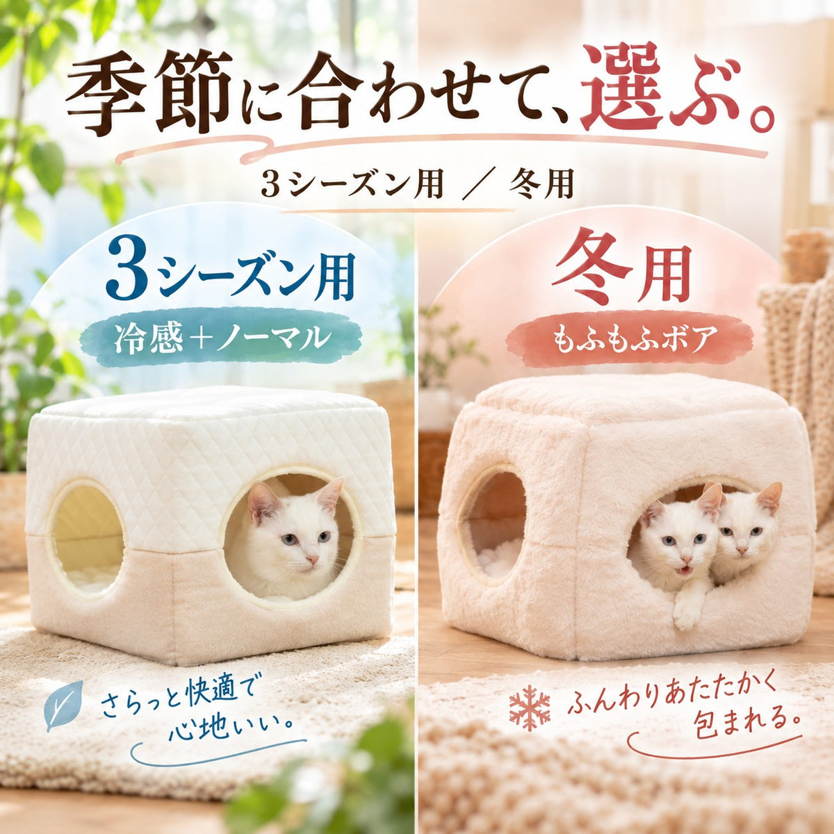 季節に合わせて選ぶ、3シーズン用（冷感＋ノーマル）と冬用（もふもふボア）。3シーズン用キューブの白猫と冬用キューブの2匹の白猫