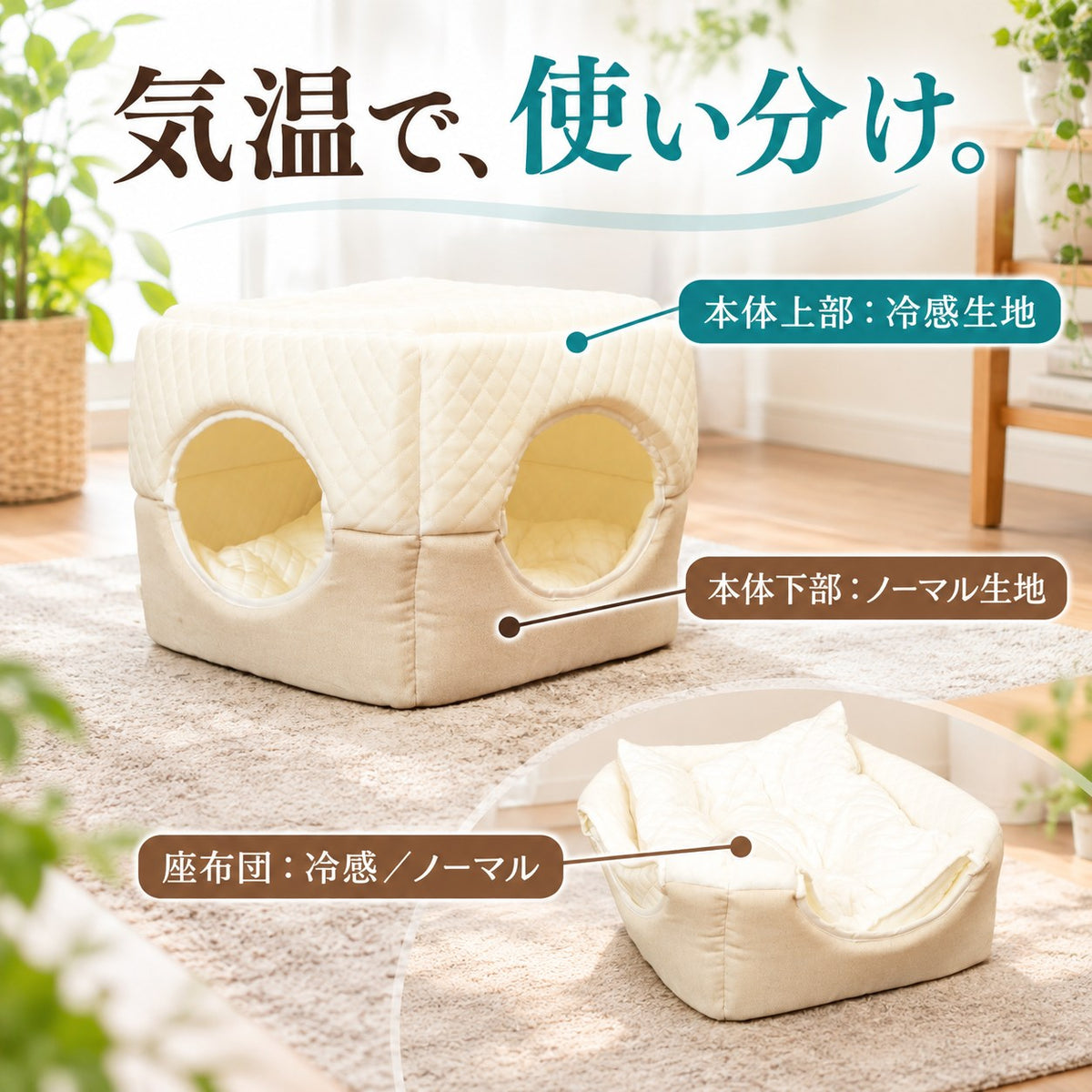 気温で使い分け。本体上部は冷感生地、本体下部はノーマル生地、座布団も冷感／ノーマルの2種類がある構造説明図