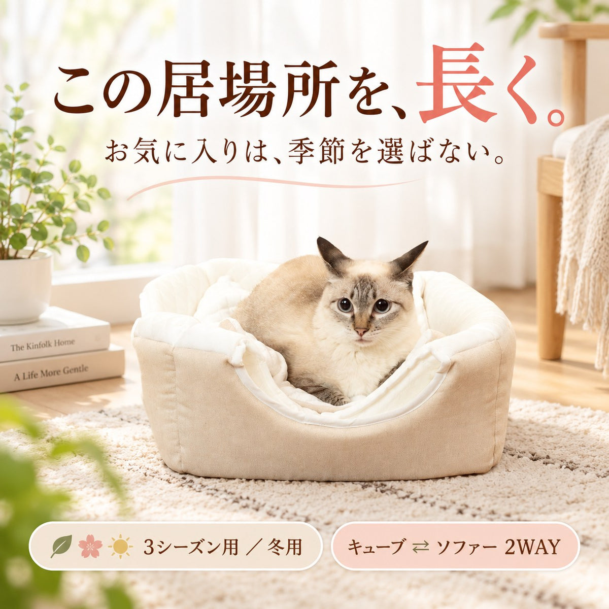 この居場所を長く。お気に入りは季節を選ばない。ソファー型でくつろぐシャム系の猫、3シーズン用／冬用・キューブ⇄ソファー2WAYの表記