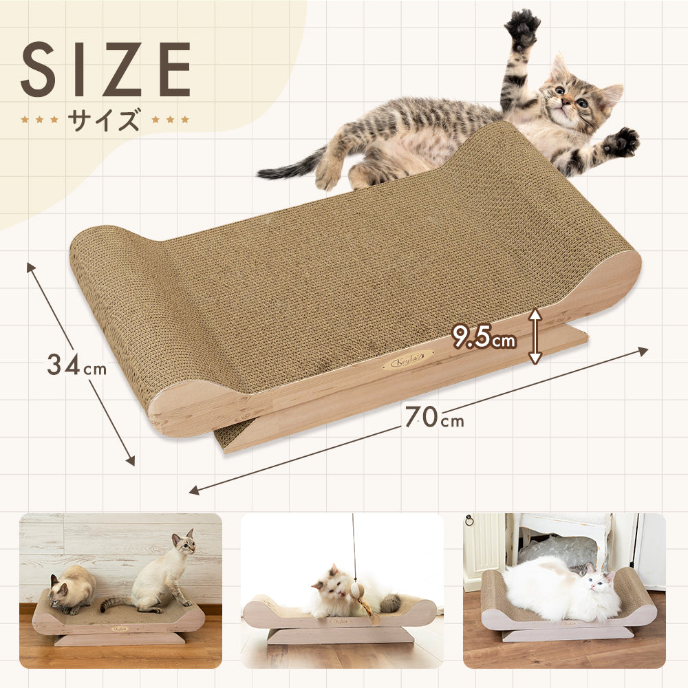 サイズ表記。幅70cm×奥行34cm×高さ9.5cmの寸法図と、複数の猫が乗って使う様子の写真3点
