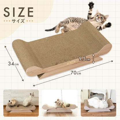 サイズ表記。幅70cm×奥行34cm×高さ9.5cmの寸法図と、複数の猫が乗って使う様子の写真3点