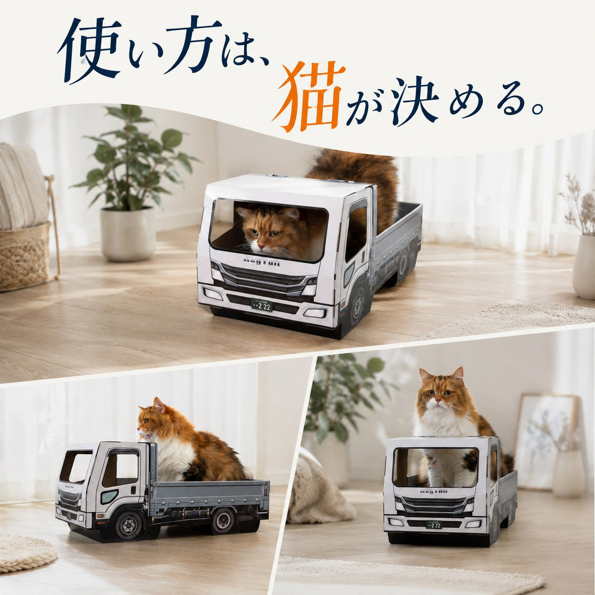 猫が乗って完成する爪とぎ｜にゃんネイル トラック 荷台で研いで、運転席でお昼寝。
