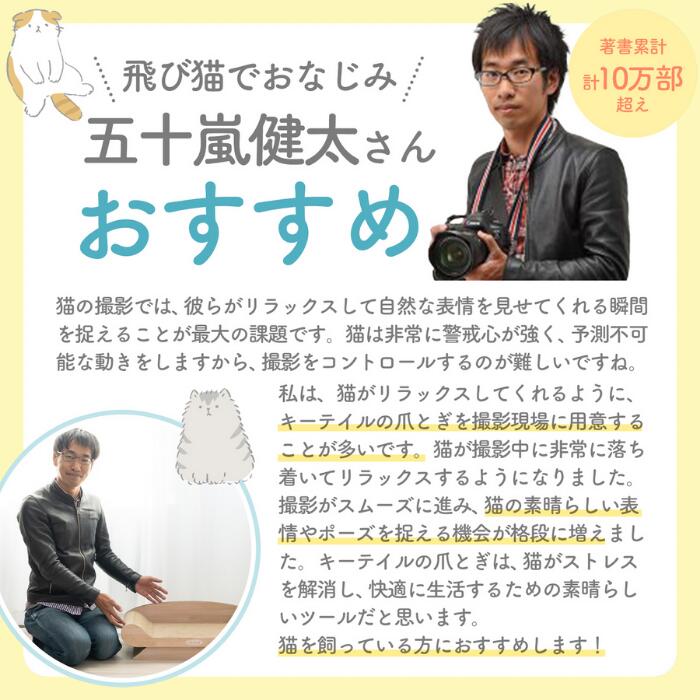 猫写真家・五十嵐健太さんのポートレートとコメント。撮影現場でキーテイルの爪とぎを使うと猫がリラックスすると紹介する推薦文