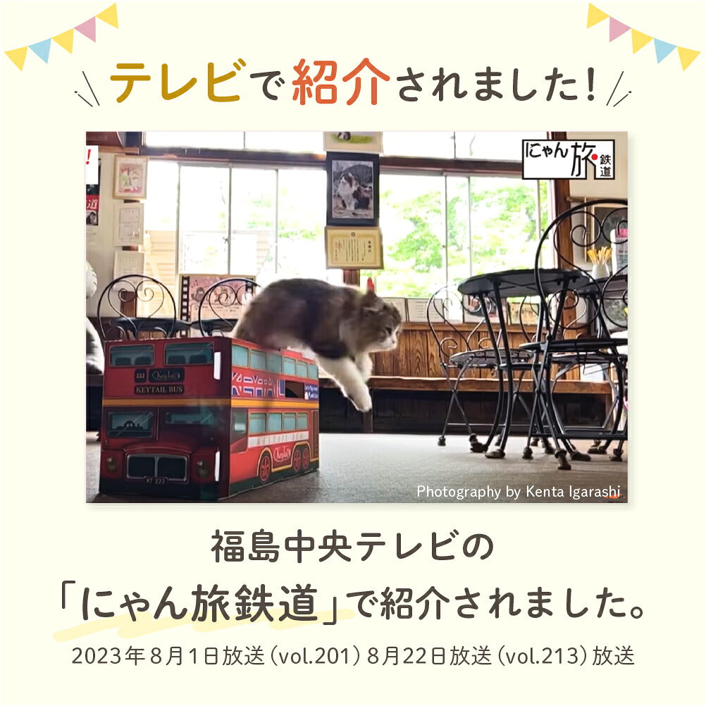 テレビ番組で紹介された際の店内でロンドンバスから飛び降りる猫の写真。福島中央テレビ「にゃん旅鉄道」2023年8月1日・22日放送と記載