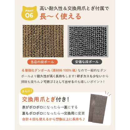 ポイント6、高い耐久性と交換用爪とぎ付属で長く使える。当店の4層強化ダンボールと安価な段ボールの目の詰まり比較写真。表と裏、交換用で合計4回使える説明