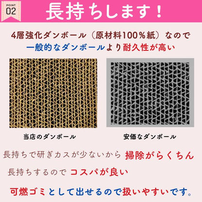 ポイント2、長持ちします。原材料100%紙の4層強化ダンボールで一般的なダンボールより耐久性が高い。当店のダンボールと安価なダンボールの断面比較写真。研ぎカスが少なく掃除がらくで、可燃ゴミとして出せる