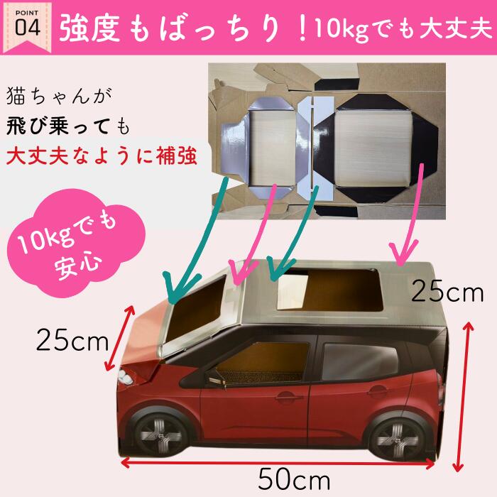 ポイント4、強度もばっちり10kgでも大丈夫。補強された内部構造の拡大写真と、車型ハウスのサイズ図。高さ25cm×2箇所、全長50cmの寸法表記