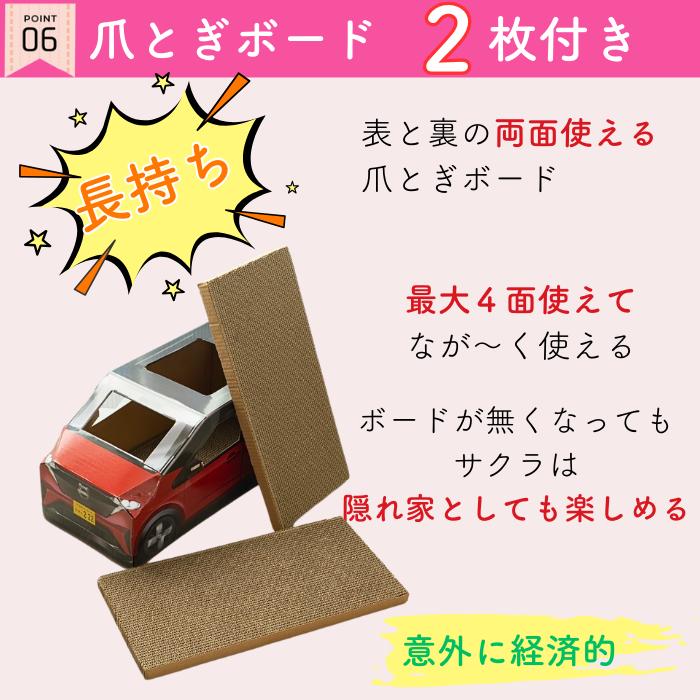 ポイント6、爪とぎボード2枚付き。表裏両面使える爪とぎボードで最大4面使えて長く使える。ボードがなくなってもサクラは隠れ家として楽しめると紹介する赤い車型ハウスとボード2枚の写真