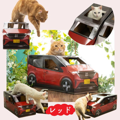 レッドカラーの使用イメージ集合写真。茶トラ猫がジャンプする様子、白猫が屋根の窓から顔を出す様子、複数の猫が赤い車型ハウスに出入りする様子を掲載