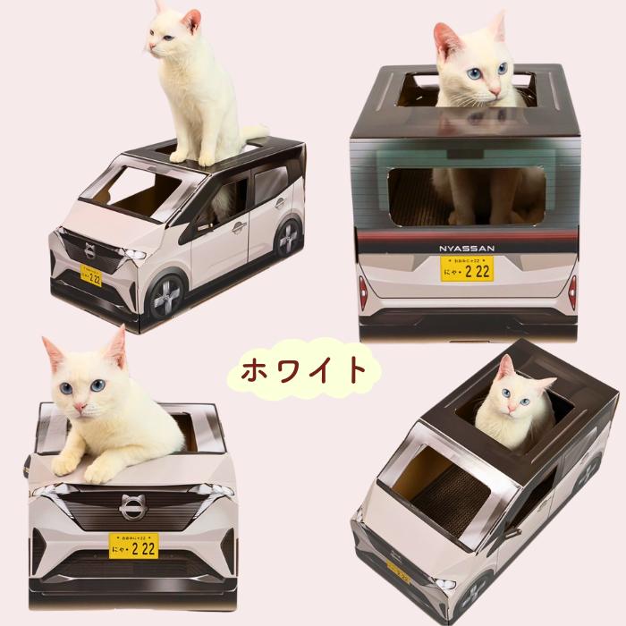 商品名「にゃさん サクラ」と「研ぐ」「遊ぶ」「くつろぐ」の機能訴求。赤・グレー・ピンクの車型ダンボールハウス3色が並び、赤いボディから白猫が顔と前脚を出している。人気の3色と表記