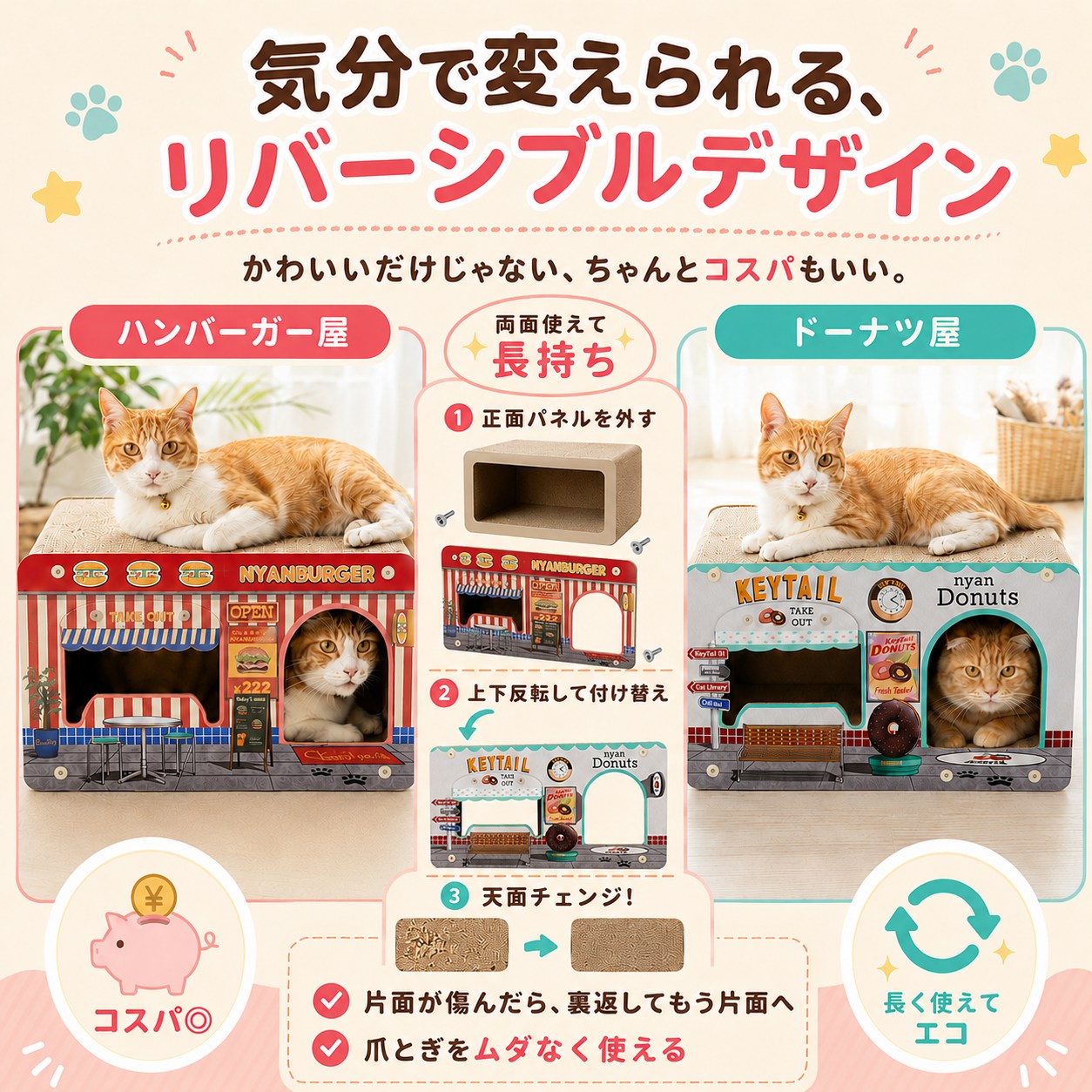 気分で変えられるリバーシブルデザイン。正面パネルを外し上下反転して付け替えると天面が変わる3ステップ図解。片面が傷んだら裏返して長く使える仕組み
