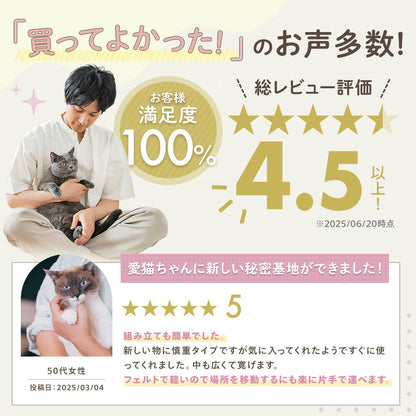 「買ってよかった」の声多数、お客様満足度100%・総レビュー評価4.5以上（2025/06/20時点）の表示。猫を抱く男性の写真と、50代女性による星5レビュー「組み立ても簡単、フェルトで軽いので片手で運べます」