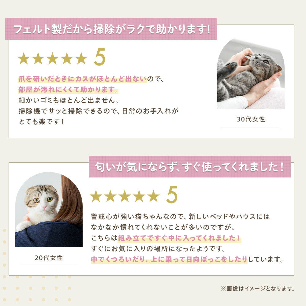 星5レビュー2件。30代女性「爪を研いだときにカスがほとんど出ず部屋が汚れにくい、掃除機でサッと掃除できる」、20代女性「警戒心の強い猫がすぐ気に入りくつろいでいる」と猫の写真