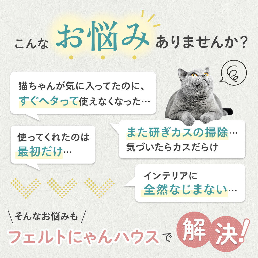 「こんなお悩みありませんか？」の問題提起カット。すぐヘタる・最初だけしか使わない・研ぎカスの掃除・インテリアになじまないという悩みをフェルトにゃんハウスで解決と訴求