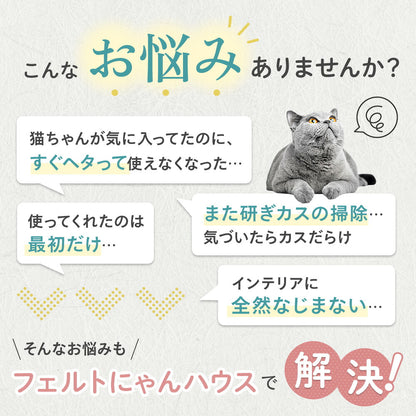 「こんなお悩みありませんか？」の問題提起カット。すぐヘタる・最初だけしか使わない・研ぎカスの掃除・インテリアになじまないという悩みをフェルトにゃんハウスで解決と訴求