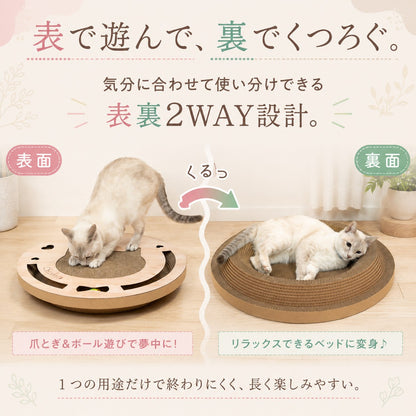 「表で遊んで、裏でくつろぐ。表裏2WAY設計」の見出し。表面で爪とぎする猫と、裏返した面でくつろぐ猫を対比して紹介