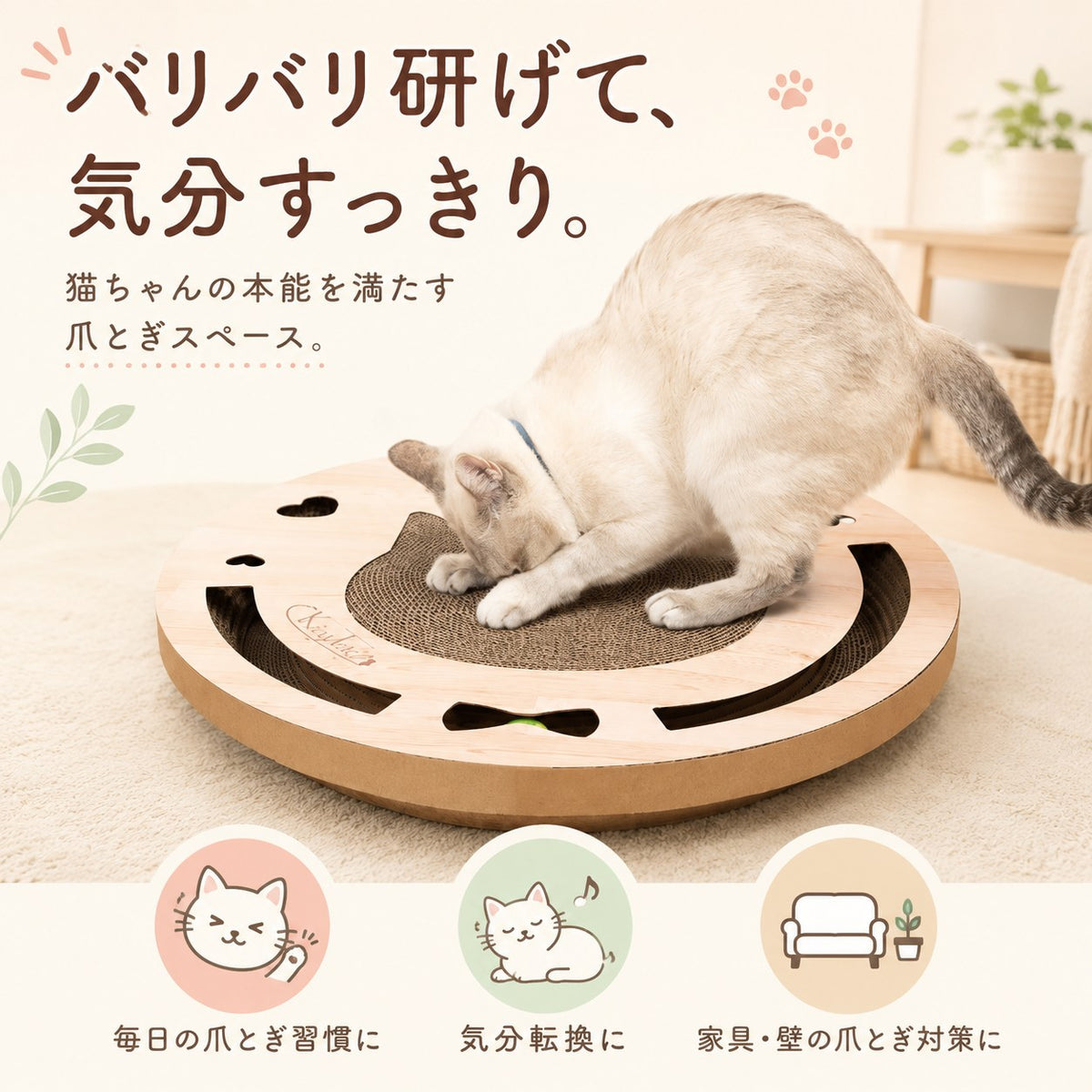 「バリバリ研げて気分すっきり」の見出し。爪とぎする猫の写真と、毎日の爪とぎ習慣・気分転換・家具や壁の爪とぎ対策に役立つとのアイコン説明