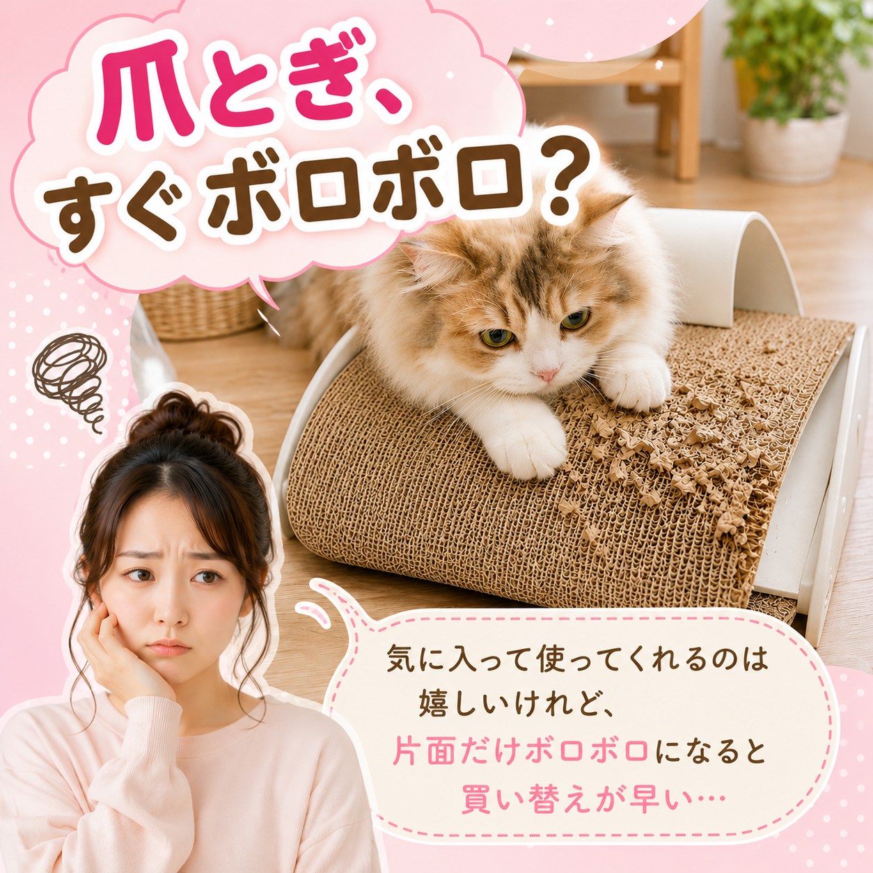 「爪とぎ、すぐボロボロ？」と悩みを提起する導入カット。片面だけボロボロになると買い替えが早いと困り顔の女性、茶白猫が既存の平置き爪とぎで爪をとぐ様子